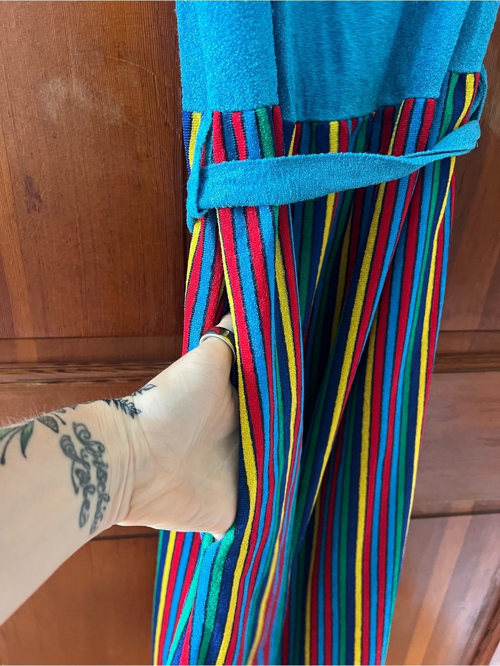 Vintage Colorblock Terry Cloth Sundress | Rainbow Stripe Resort Wear 80s 90s - Picture 7 of 8